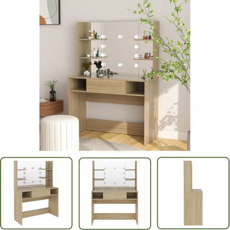 The Living Store Table de maquillage avec éclairage LED 100x40x135 cm MDF Chêne - Coiffeuse - Meuble De Salle De Bain - Table De Maquillage - Miroir Lumineux - Éclairage Led (1/5)