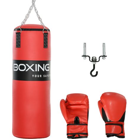Sac de frappe à suspendre - kit de fixation, chaine 4 points, gants inclus - acier PVC EPE rouge noir