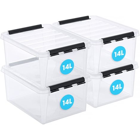 SmartStore Scatole portaoggetti in plastica trasparente da 14 litri con coperchio, confezione da 4, rinforzate, per alimenti, bloccate a clip, impilabili e annidabili, senza BPA, 40 x 30 x 18 cm (1/4)