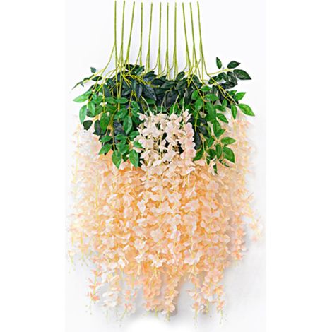 Décoration florale artificielle en soie, 6 feuilles de glycine couleur champagne, idéale pour l'intérieur.