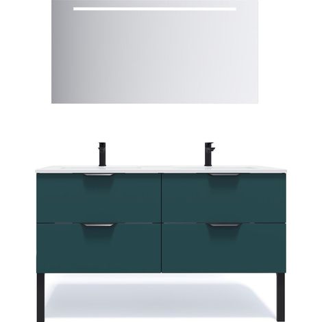 Meuble de salle de bain suspendu double vasque intégrée 140cm 4 tiroirs Bleu + miroir - Soho (1/5)