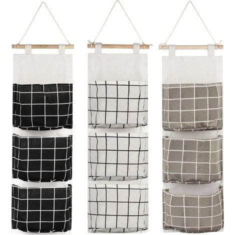 pair 3Pcs Sac de Rangement Suspendu avec 3 Poches(Noir/Gris/Blanc), Étagère Mural en Tissu Panier Pochette de Rangement Organisateur pour Chambre Salle de Bain Cuisine - Étanche & Élégant