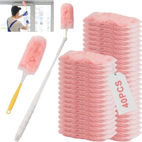 Lot de 41 plumeaux à poussière compatibles avec Swiffer Duster [40 lingettes + poignée télescopique] Kit de plumeau à 360° pour poils d'animaux, allergènes, chiffons à poussière pour meubles (1/5)