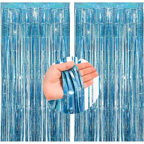 2 Pièces Rideau Métallique, Frange Brillante Bleu Clair, Aluminium Réfléchissant, Décoration Fête Anniversaire