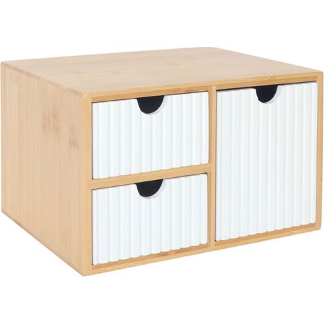 Caja organizadora Relaxdays de bambú/MDF, 3 cajones estriados, 15x25x20 cm, organizador de escritorio, blanco/natural