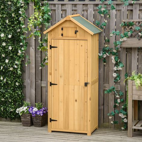 Outsunny Armoire de jardin extérieur abri de jardin en bois abri pour outils 3 étagères 2 Portes loquets Toit Pente bitumé rangement et stockage extérieurs pour terrasse 77 x 54 x 179 cm jaune