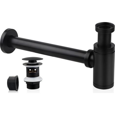 Siphon d'évier noir avec bouchon, siphon universel en acier inoxydable 1 1/4 x 32 mm, siphon de salle de bain en métal, siphon réglable.