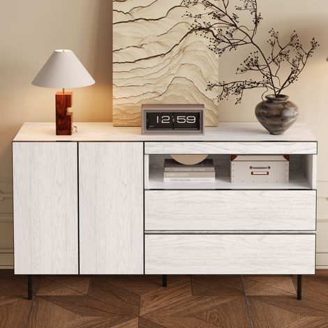 MEUBLIV Buffet 140x42x77 cm blanc – rangement à portes, tiroirs et niches (1/5)