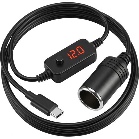 Prise Allume Cigare USB C, Adaptateur Allume Cigare USB à Tension Réglable, Câble USB C avec Affichage LED, Adaptateur USB C Allume-Cigare 12V pour Prise de Voiture, GPS et Caméra, 60cm, 3A Max (1/5)