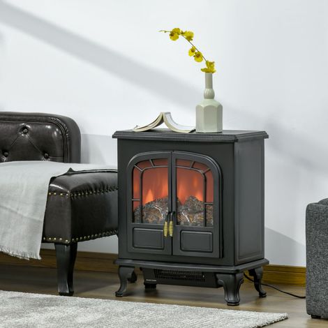 Stufa elettrica a camino, stile neo-retrò, 2 porte in vetro temperato, 1000/2000 W, luminosità LED regolabile, acciaio ABS nero (1/5)