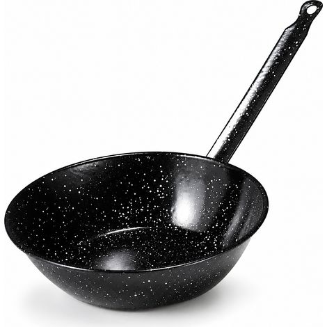 Padella Fonda Smaltata per Fritture,Wok, Cucina al Salto , Nera con Manico, Compatibile con Induzione, Gas, Cucina 24 cm