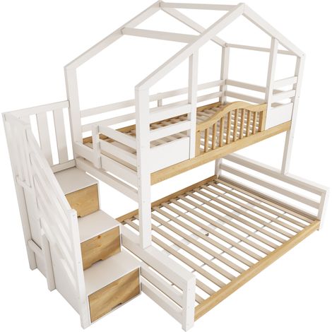 Litera cabaña infantil 90x200/140x200 con escalera de almacenaje blanca y madera (1/5)