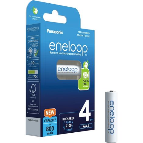 Blister da 4 batterie ricaricabili Ni-Mh ministilo AAA 1,2V 800mAh Panasonic Eneloop "Ready to Use" - BK-4MCDE/4BE