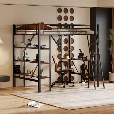 Lit métallique 90x200 cm mezzanine avec bureau et 3 étagères, pour enfant ou adulte, noir (1/5)