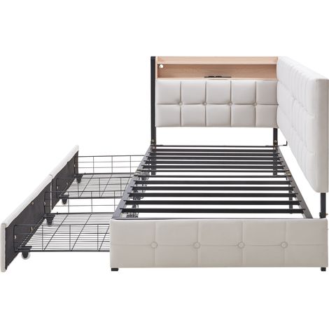 Letto divano imbottito 90 x 200 cm beige con 2 cassetti, LED, USB e USB-C MODENUIT (1/5)