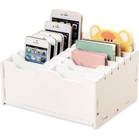 Support de téléphone portable à 12 compartiments, boîte de rangement pour téléphone portable, calculatrice de bureau en bois, support de téléphone portable, organisateur de bureau (1/4)