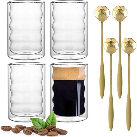 Ensemble de 4 verres double paroi 4x350ml avec 4 cuillères Rose, verres thermiques pour Latte Macchiato, Cappuccino, Café