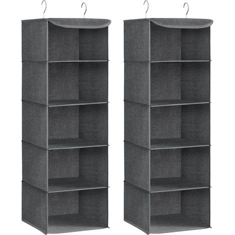 Set mit 2 faltbaren Hänge-Kleidertaschen, bambusverstärkt, Metallhaken, Leinenmuster, Grau (1/5)