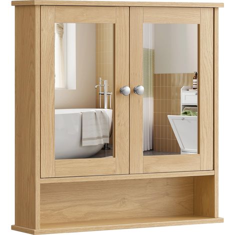 Armoire Murale, Meuble Salle de Bain, Placard de Rangement, Armoire Suspendue, 2 Portes-Miroir et Compartiment Ouvert, Étagère Réglable, 13 x 56,5 x 58,5 cm, Couleur Chêne Naturel (1/5)