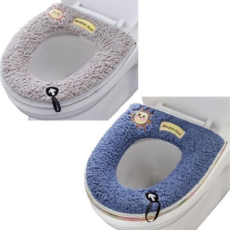 Lot de 2 coussins universels pour siège de toilette avec boucle de suspension, doux et chaud, lavables (gris + bleu) (1/5)