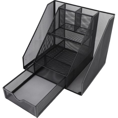 Organisateur de bureau en métal noir, corbeille de rangement verticale en fer avec tiroir, porte-lettres et pot à stylos, fournitures de bureau (1/5)