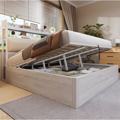 DESVIAE Lit coffre 180 x 200 avec rangement hydraulique et ports USB tête de lit rembourrée avec étagère design vintage bois métal blanc (1/5)