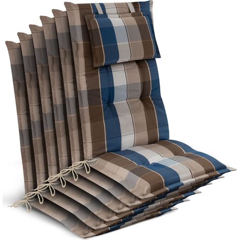 6x Gartenstuhlauflage Hochlehner 120x50x7cm, Braun-Blau-Kariert