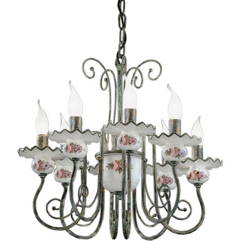 Lampadario Classico Sanremo Metallo E Ceramica Verde Sfumato Oro 8 Luci E14 (1/4)