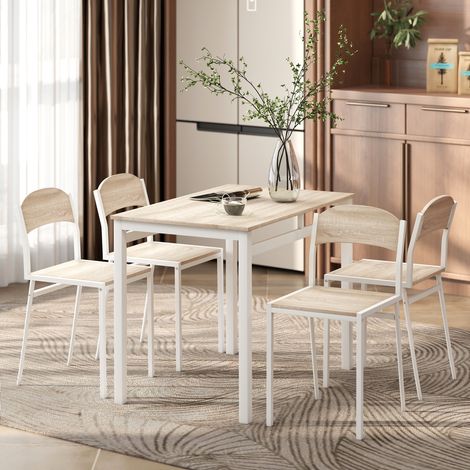 Ensemble de salle à manger 5 pièces comprenant 1 table rectangulaire et 4 chaises. En métal et MDF. Gris et blanc.