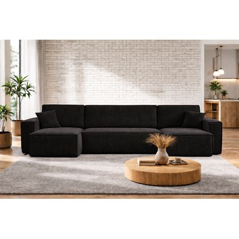Divano angolare a U CARLOS U trasformabile – Nero, grande formato, funzione letto, vano contenitore XXL, angolo universale sinistro/destro