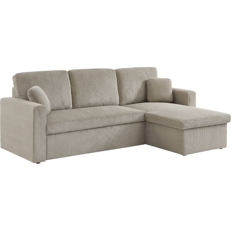 sweeek - Ecksofa mit Schlaffunktion, Cord-Bezug, breit gerippt, 3-Sitzer, Cord, Greige