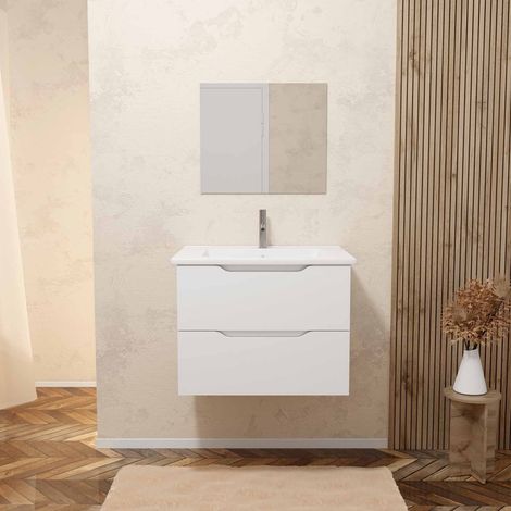 Mobile bagno 60cm sospeso 2 cassetti bianco laccato con maniglie integrate, lavabo e specchio - MILA