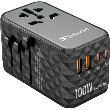 Adattatore da viaggio globale Verbatim UTA-06 GaN III con 2 porte USB-C PD QC 4+ 100W e 2 porte USB-A QC 3.0 18W. (1/5)