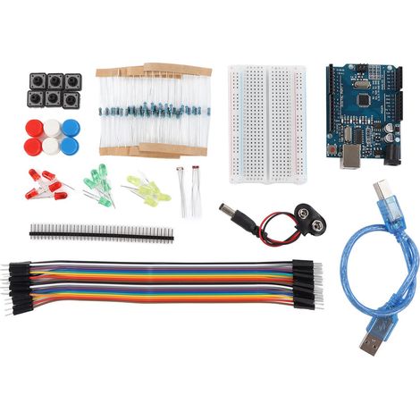 Kit de démarrage Arduino R3 : Module d'alimentation, câbles Dupont mâle-mâle, plaque d'essai 400 trous, résistances (1/5)