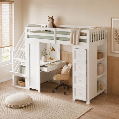 Lit mezzanine enfant blanc avec bureau et rangement 90 x 200 cm, OKWISH (1/5)