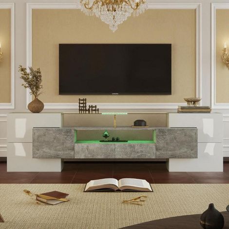 TV Lowboard mit Glasoberfläche und LED-Beleuchtung, 200cm, Weiß/Grau (1/5)