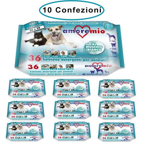 Amore mio salviette detergenti per cani gatti e cuccioli al muschio bianco 10 confezioni da 36 salviette