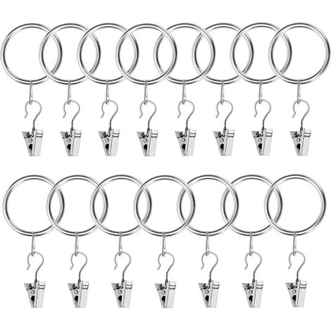 15 Pièces Rideau Bague Clips avec Crochet, Anneaux à Pince 32mm Diamètre Intérieur, Acier Inoxydable Métal Anneaux Clip Rideau, Anneaux de Rideau, pour Rideaux et Tringles (Argent) (1/5)