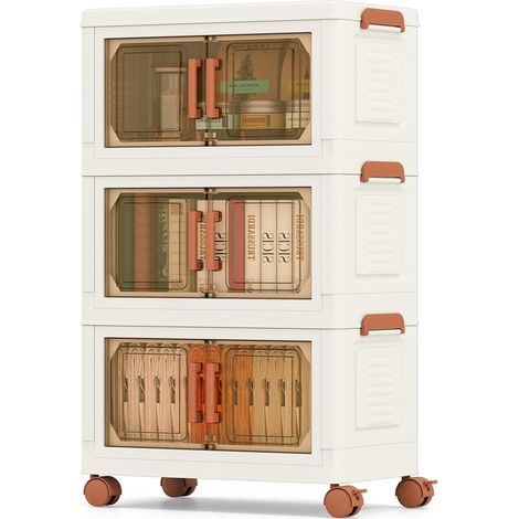 GOPLUS Boîtes de Rangement en Plastique, Boîtes de Rangement Empliables 57L avec Couvercles, Roues Universelles, Portes Avant, Poignées Pratiques, pour Maison, Bureau (43.5(L),3 Niveaux) (1/5)