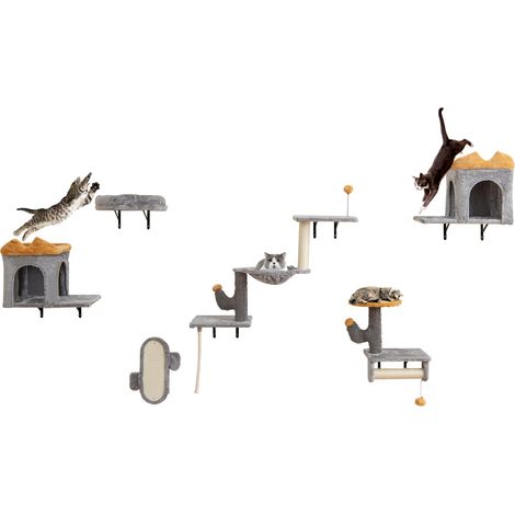 COSTWAY Set Albero per Gatti da Parete, Set Albero Tiragraffi Salvaspazio con Piattaforme, 2 Comode Cuccie, 1 Letto Comodo e 1 Tavola Graffio, Centro Attività per Gattini per Soggiorno (1/5)