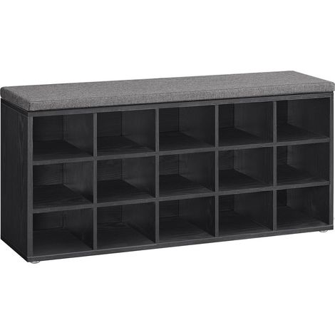 Banc à Chaussures, Organiseur de Chaussures avec 15 Compartiments, Siège Rembourré, pour Entrée, Couloir, Placard, Noir Boisé et Gris Ardoise (1/5)