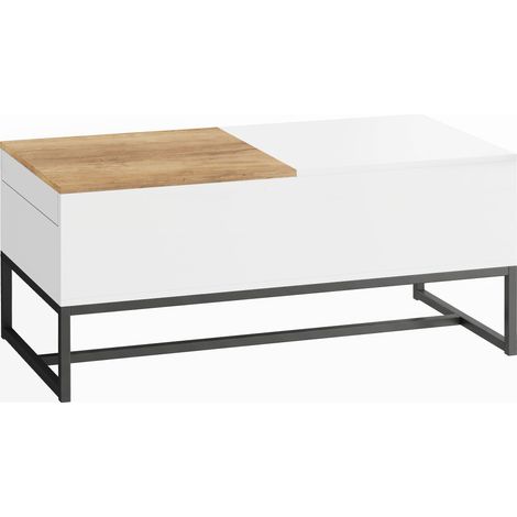 Table basse extensible avec plateau coulissant, table de salon avec rangement dissimulé et pieds en acier, blanche (1/5)