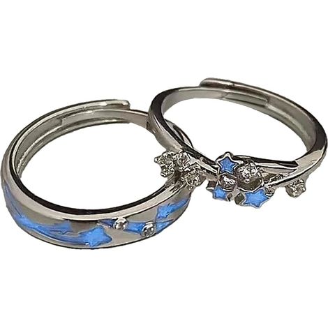 Bagues assorties Blue Glow Star pour couples, bagues pour lui et elle, ensemble pour amis, argent, diamant, mariage, mignonnes, ajustables, délicates (1/5)