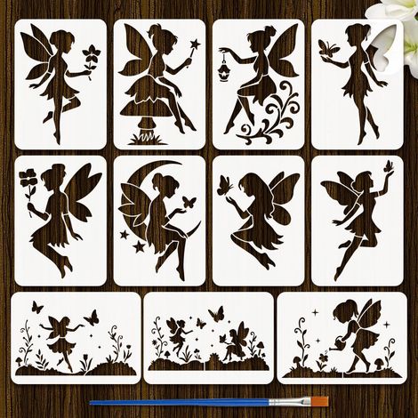 11Pcs Pochoir de Peinture Avec Pinceau 21x29.7cm Motif Elfe et Fées Modèle de Dessin Pochoir de Décoration Artistique DIY pour Peinture sur Bois Mur Tissu Meubles (1/5)