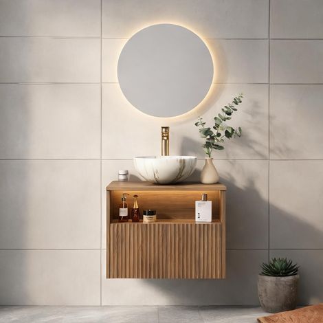 Meuble sous vasque suspendu 60 cm en contreplaqué aspect chêne (1/5)