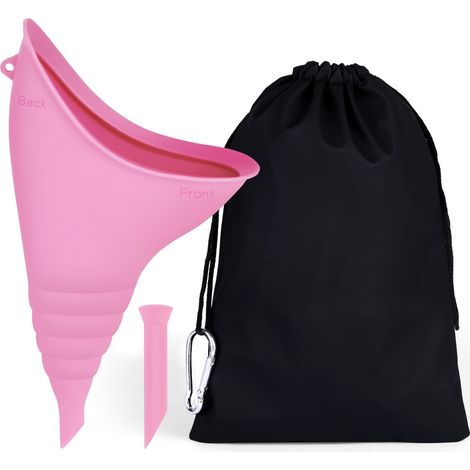 Entonnoir urinaire en silicone pour femmes - Urinoir portable et discret pour l'extérieur, les urgences et les voyages, avec tuyau d'extension et sac de rangement rose (1/5)