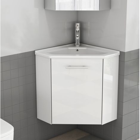 Mueble de baño esquinero blanco brillante con lavabo de cerámica, bisagras de cierre suave, MDF (1/5)