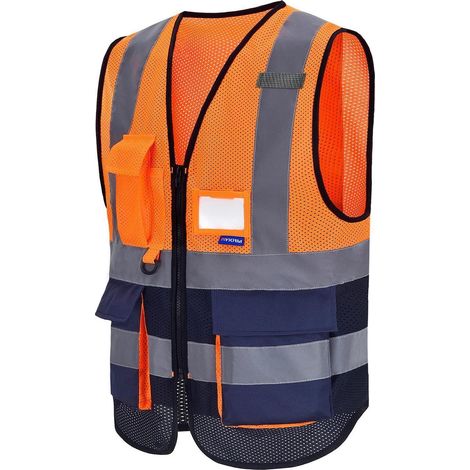 Gilet de sécurité haute visibilité zippé avec poches pour téléphone et badge, orange/bleu marine, taille XL (1/4)
