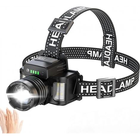 Lntyq Lampe frontale LED rechargeable, ultra puissante 50 000 lumens 3+3 modes, capteur et lumière rouge bleue, lampe frontale rechargeable USB réglable à 45° IP65 étanche pour camping, randonnée