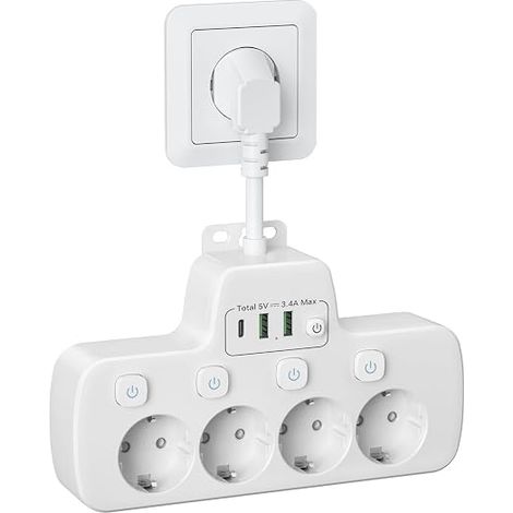 Power Strip with Individual Switch, Compact Wall Multiple Socket, 4 Sockets, 3 USB Charger, Flat Socket Adapter Back Furniture, Kitchen Extension Cable Short 0.1 m, White (1/5)